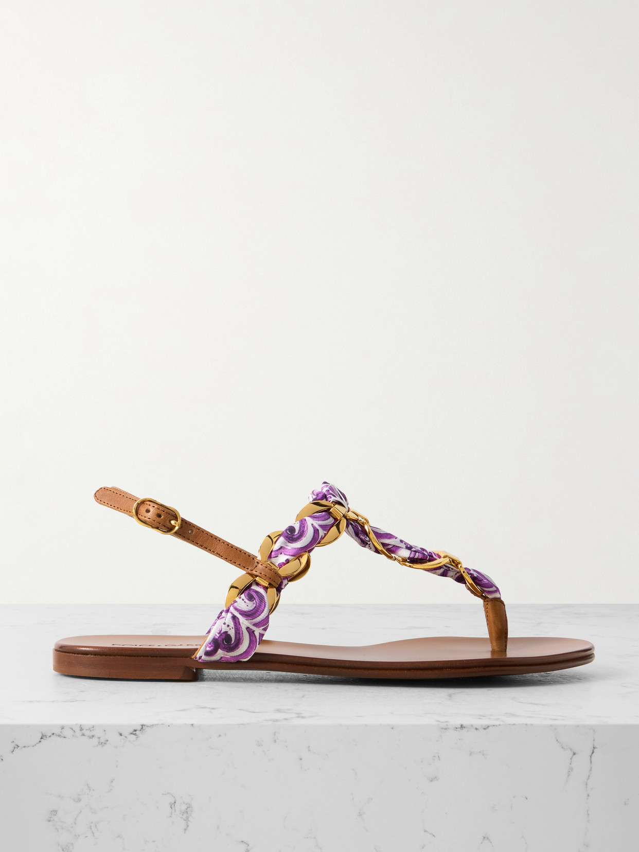 Dolce & Gabbana Leather-trimmed Chain-embellished Printed Satin-twill Sandals In Purple