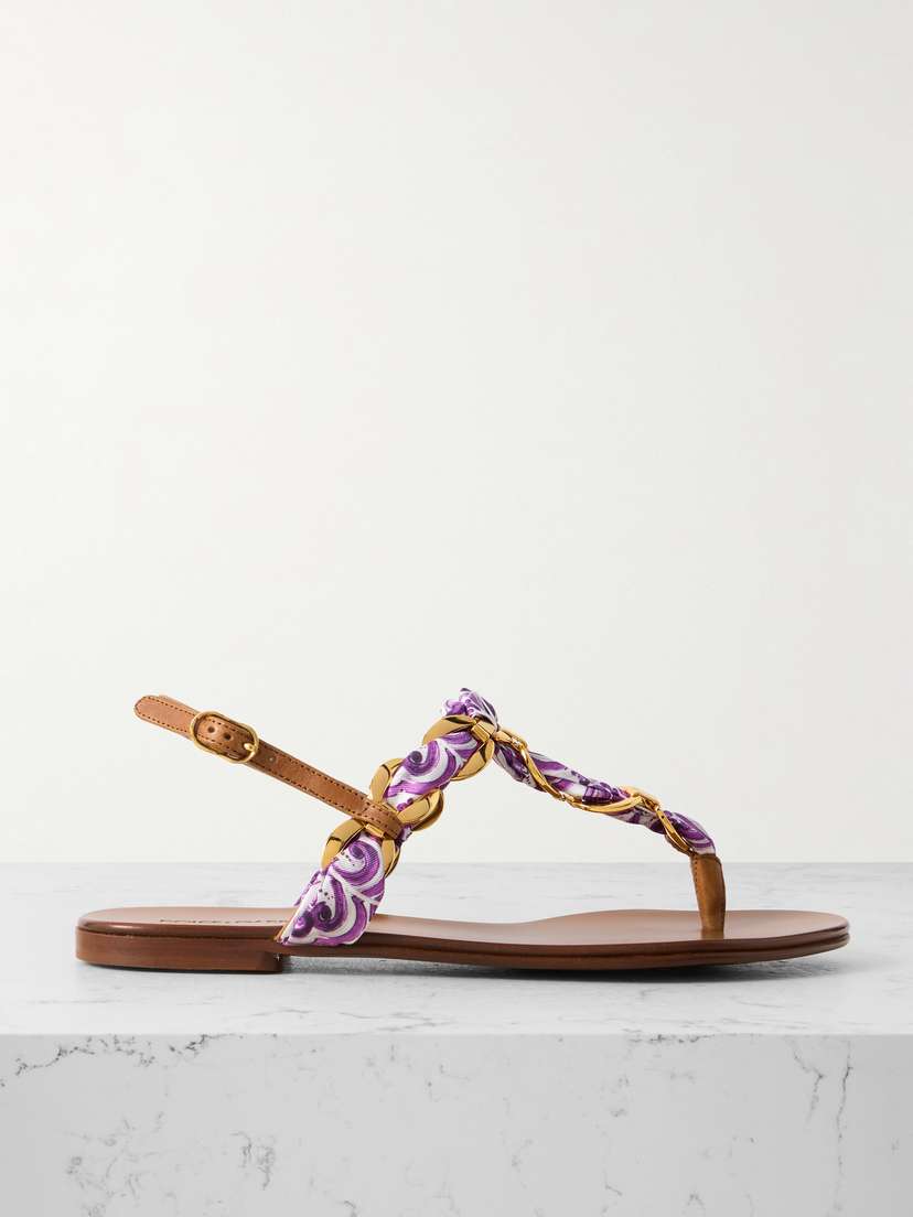 Dolce & Gabbana Leather-trimmed Chain-embellished Printed Satin-twill Sandals