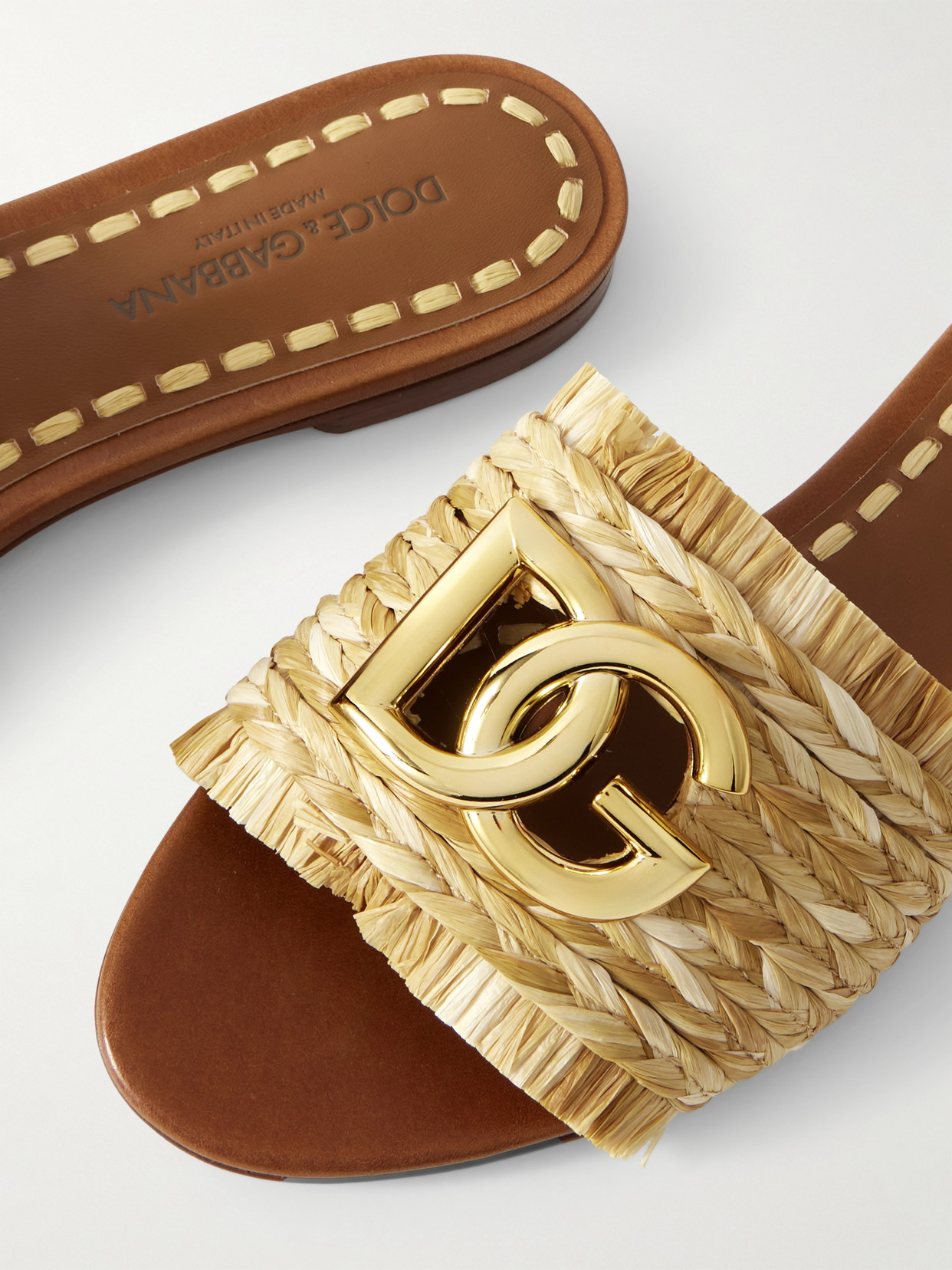 Dolce & Gabbana Women Beige Sandals With Fringed Details And Logo Plaque On The Front In Raffia Woma In Neutral