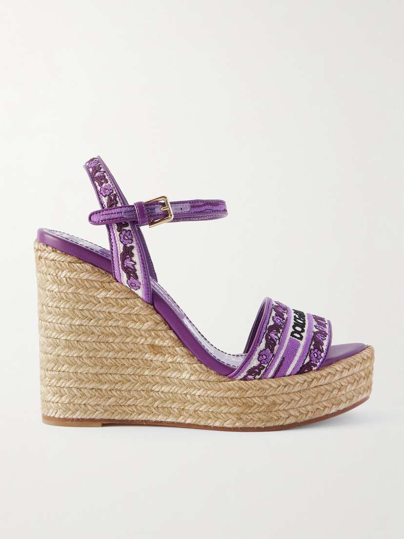 Dolce & Gabbana Leather-trimmed Embroidered Canvas Platform Wedge Sandals