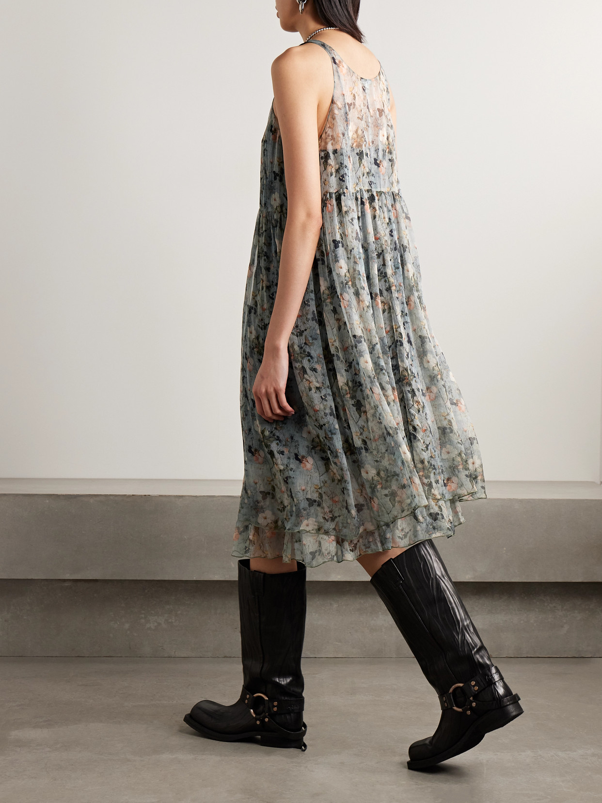 R13 Floral-print Silk-crepon Midi Dress In Gray