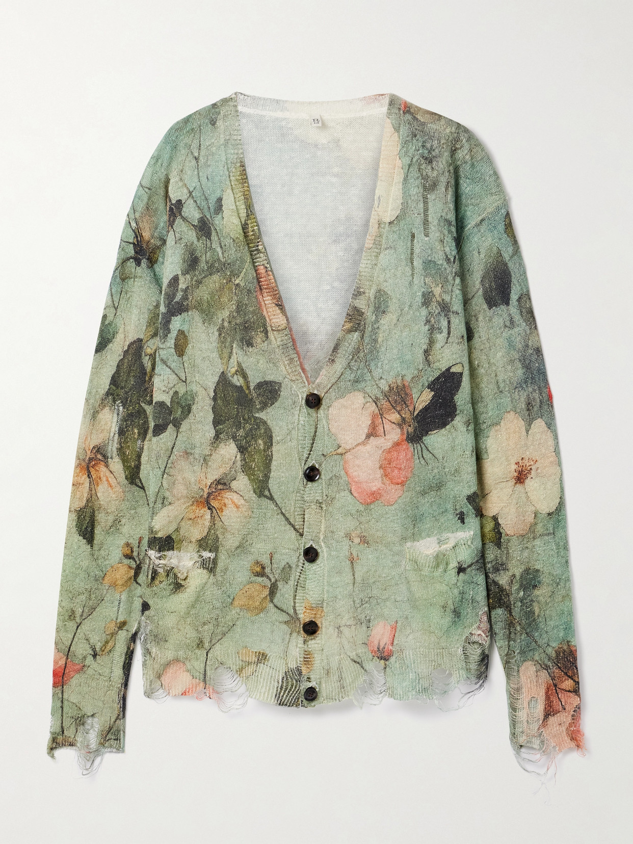 R13 Boyfriend Distressed Floral-print Linen Cardigan In Blue