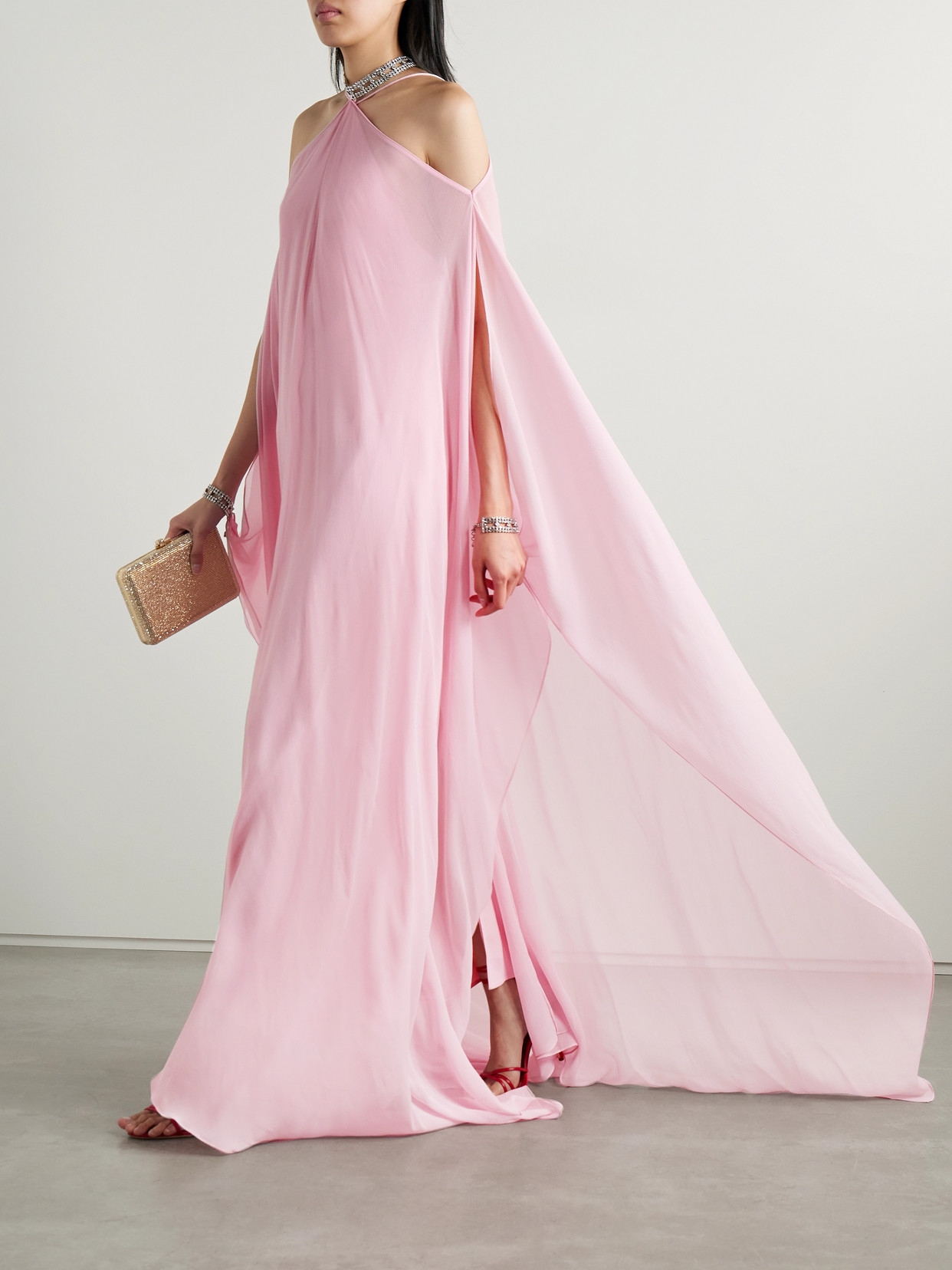 Taller Marmo Sza Sza Cape-effect Cold-shoulder Crystal-embellished Silk-crepon Gown In Purple
