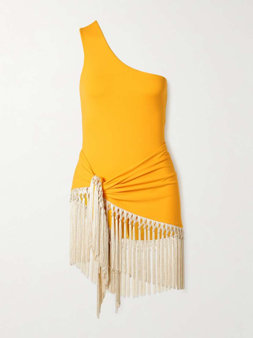 Taller Marmo Yacare One-shoulder Swimsuit And Fringed Pareo Set