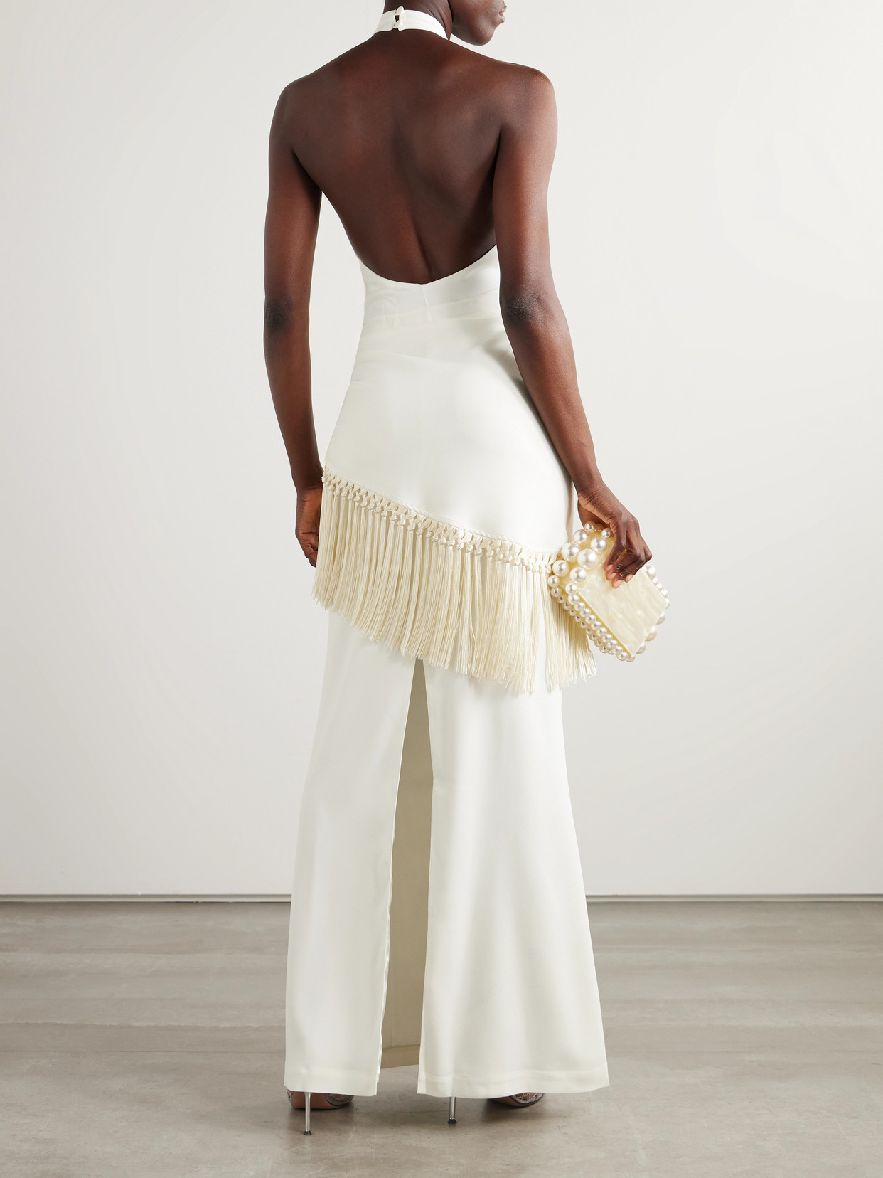 Taller Marmo Meteora Tasseled Layered Crepe Halterneck Gown In White
