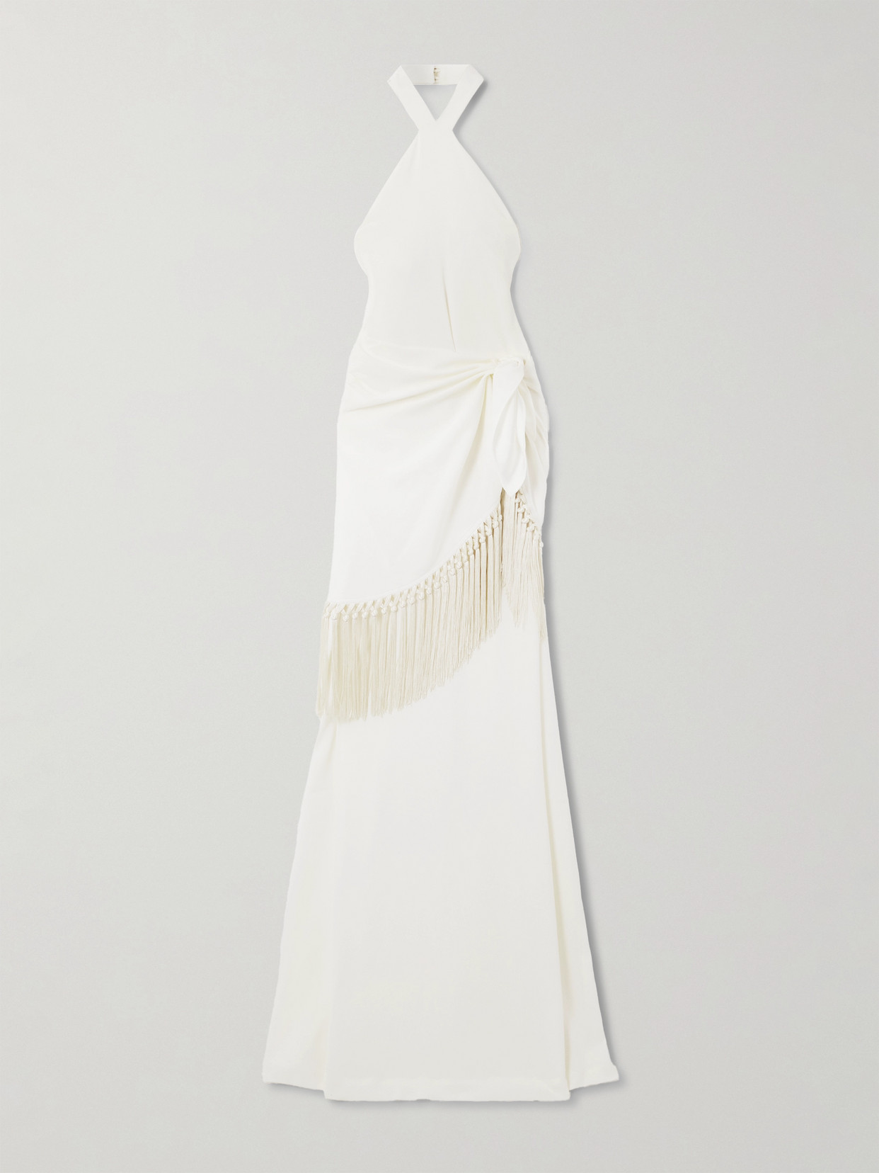 Taller Marmo Meteora Tasseled Layered Crepe Halterneck Gown In White