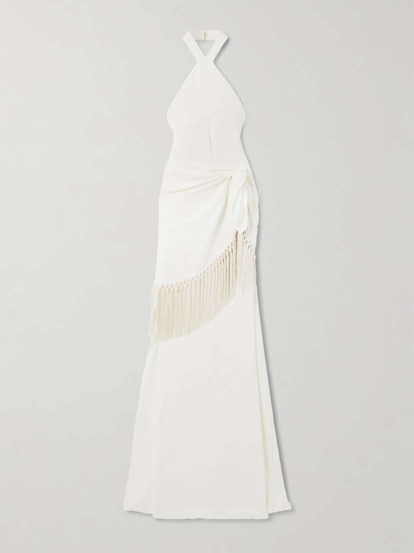 Taller Marmo Meteora Tasseled Layered Crepe Halterneck Gown