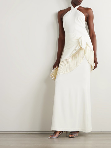 Taller Marmo Meteora tasseled layered crepe halterneck gown