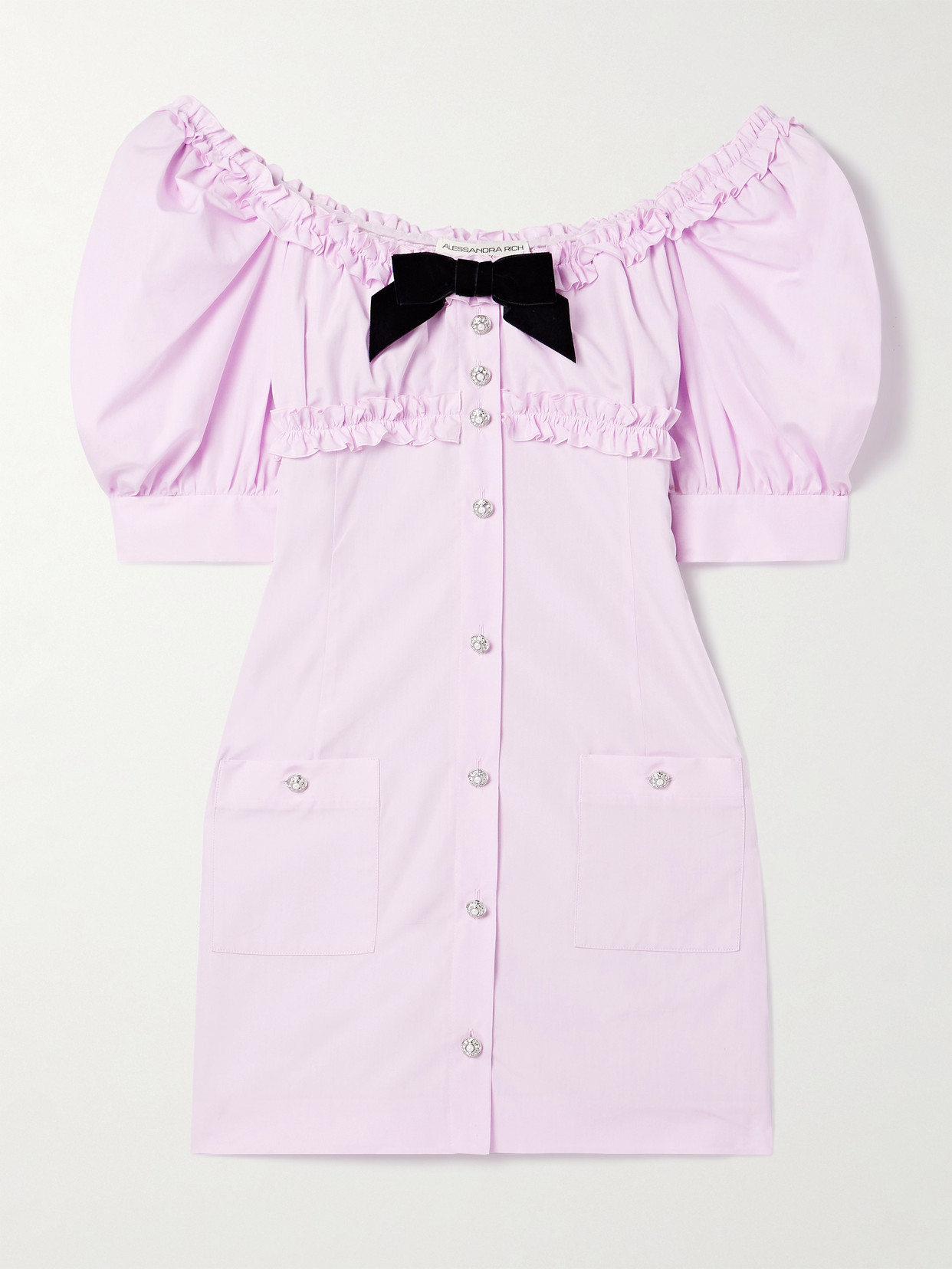 Alessandra Rich Velvet-trimmed Ruffled Cotton-poplin Mini Dress In Purple