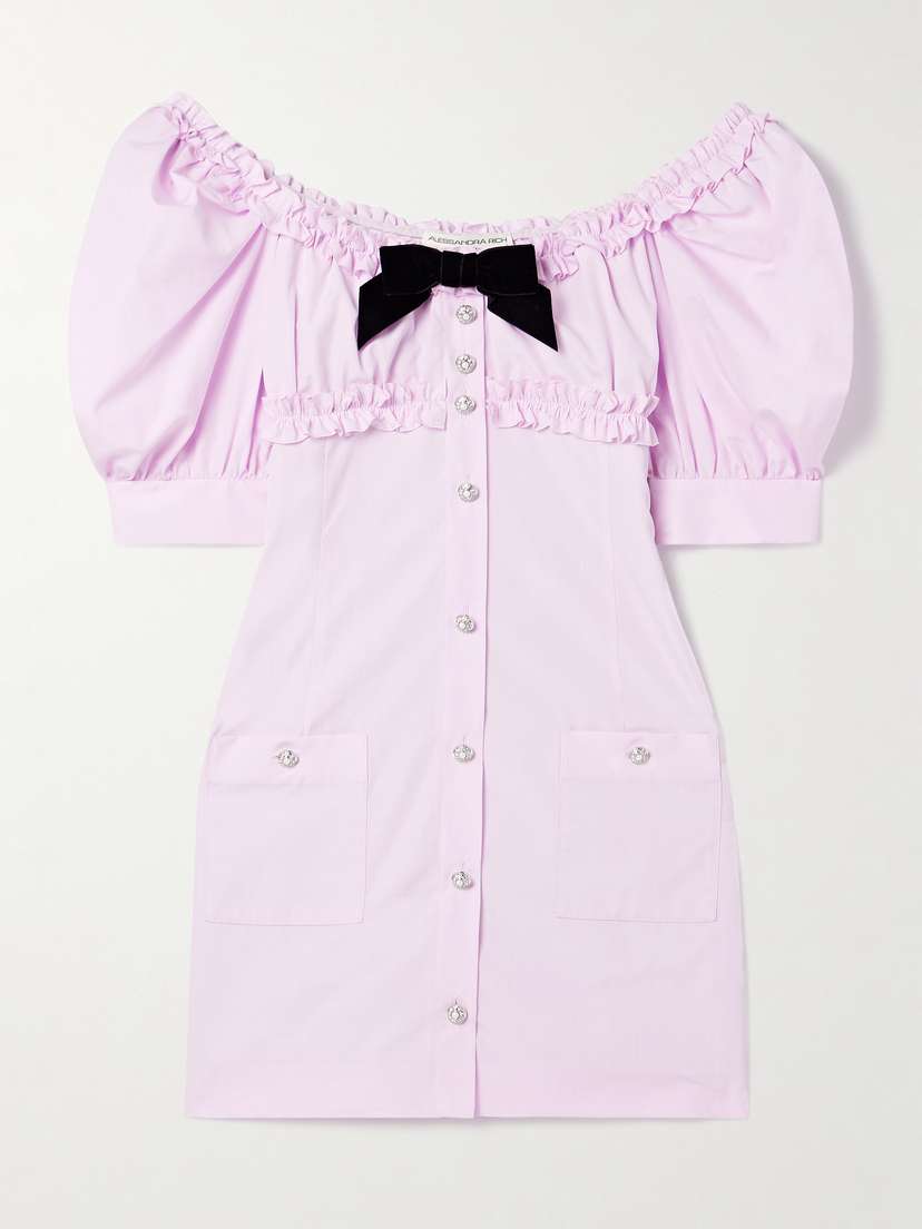 Alessandra Rich Velvet-trimmed Ruffled Cotton-poplin Mini Dress