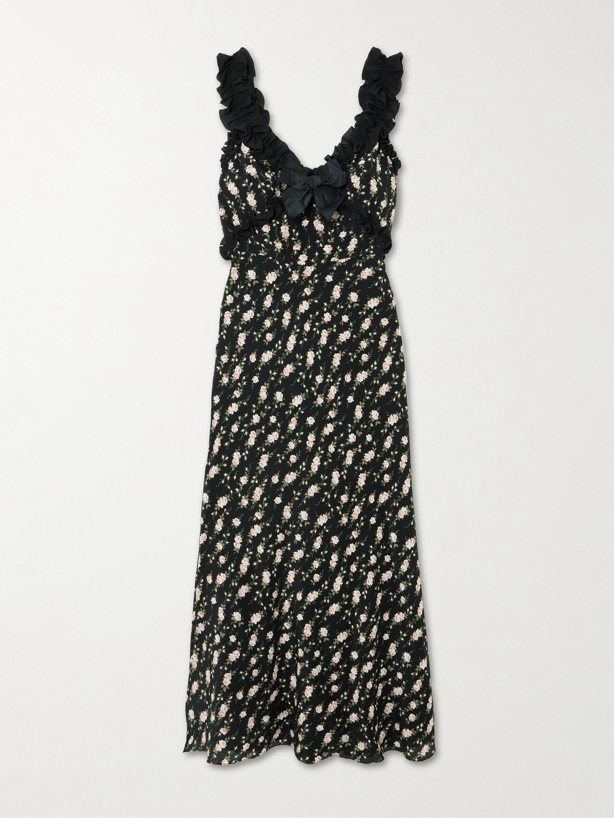 Alessandra Rich Bow-detailed Ruffled Floral-print Silk Crepe De Chine Midi Dress In Black
