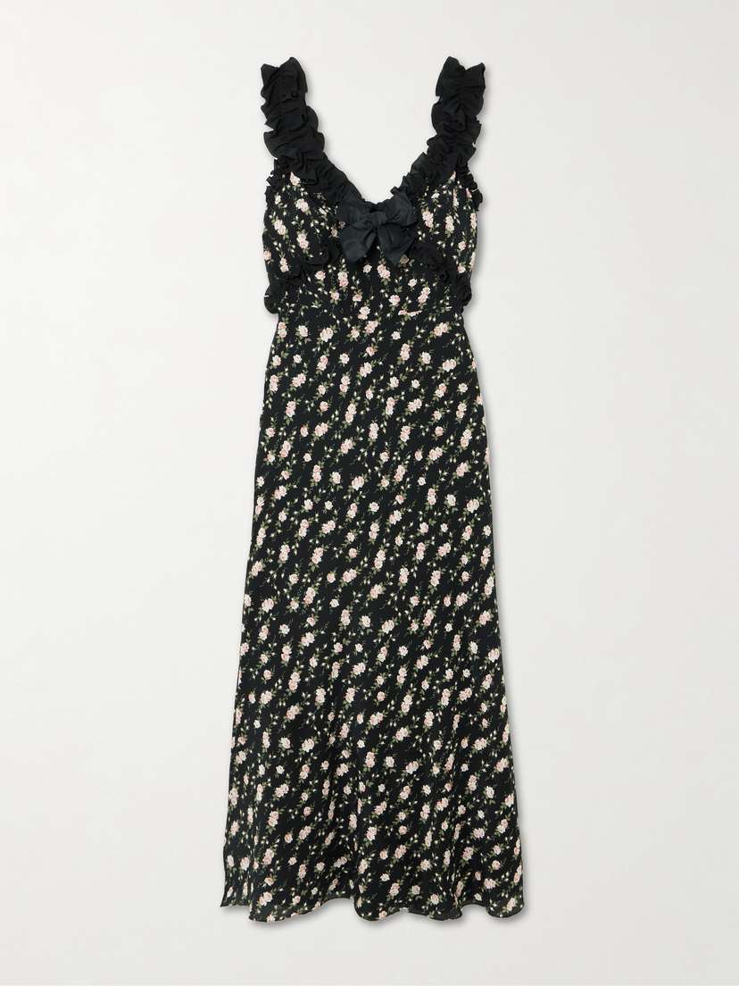 Alessandra Rich Bow-detailed Ruffled Floral-print Silk Crepe De Chine Midi Dress
