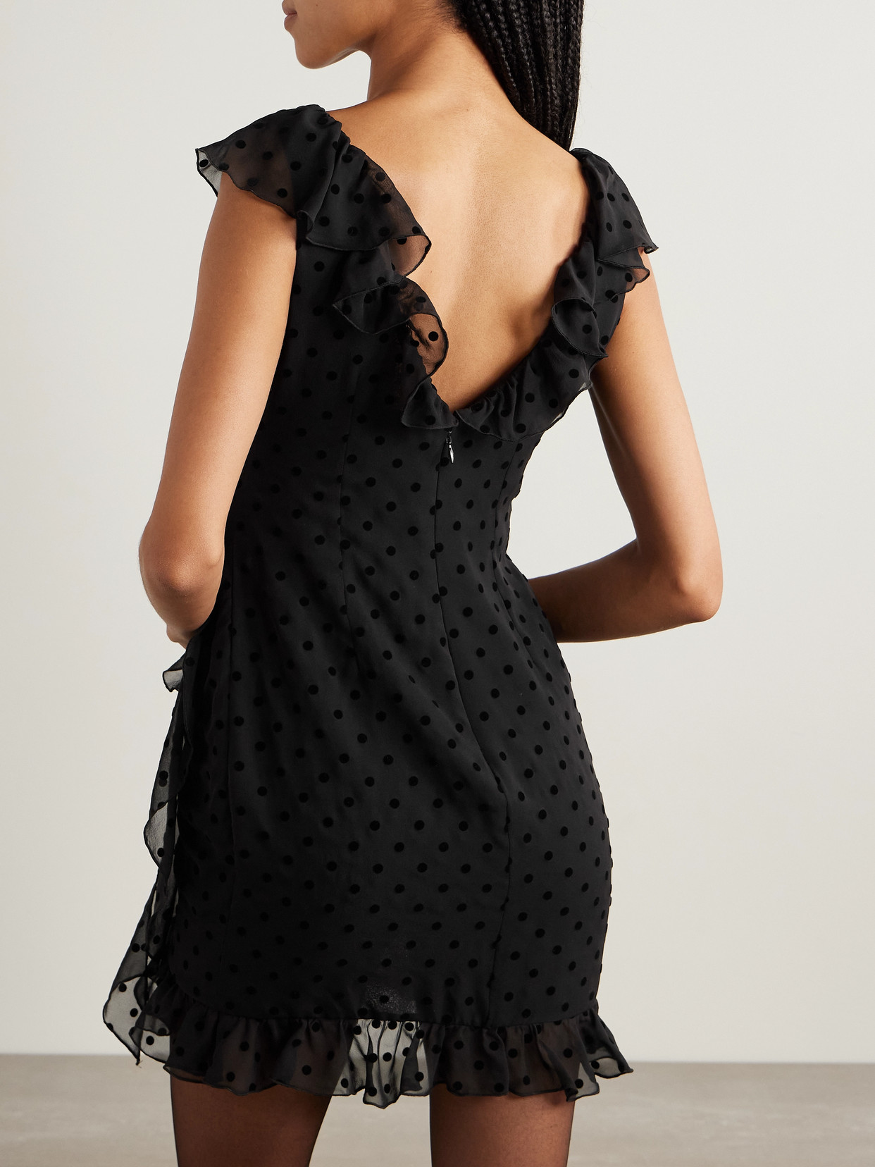 Alessandra Rich Bow-embellished Ruffled Flocked Silk-chiffon Mini Dress In Black