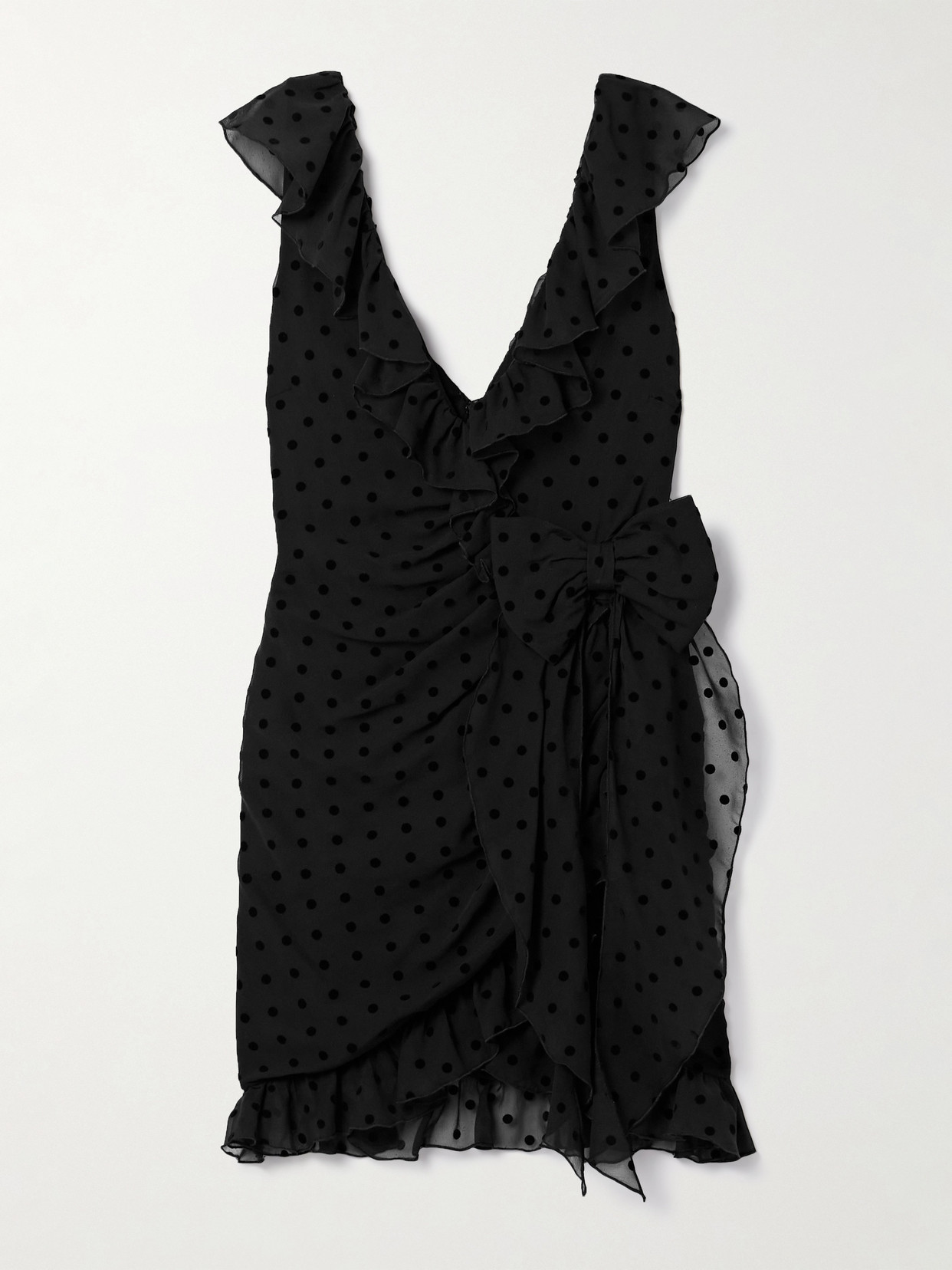 Alessandra Rich Bow-embellished Ruffled Flocked Silk-chiffon Mini Dress In Black