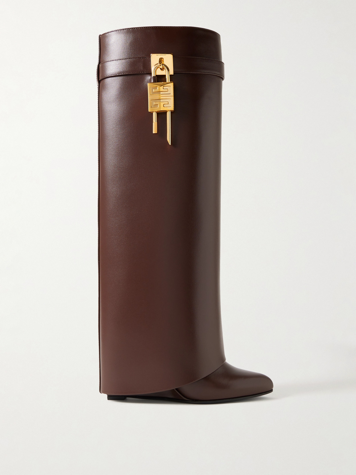 Givenchy Shark Lock Embellished Glossed-leather Knee Boots In Brown