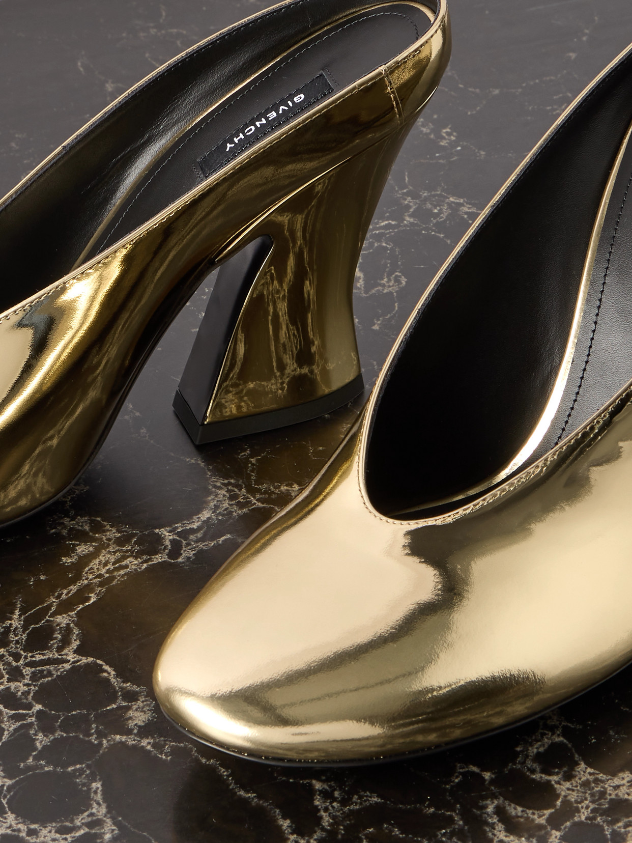 Givenchy Sculpted Heeled Mules In Mirror Effect Leather In Gold