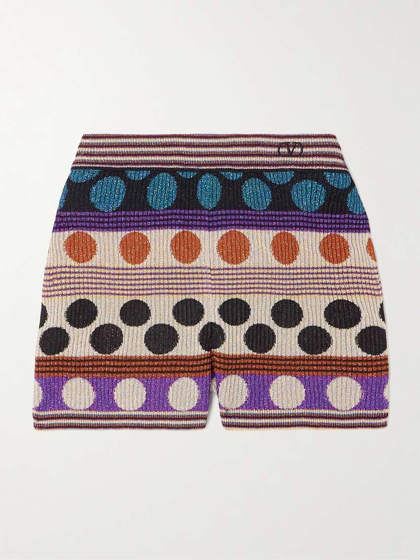 Valentino Garavani — Embroidered ribbed metallic jacquard-knit shorts