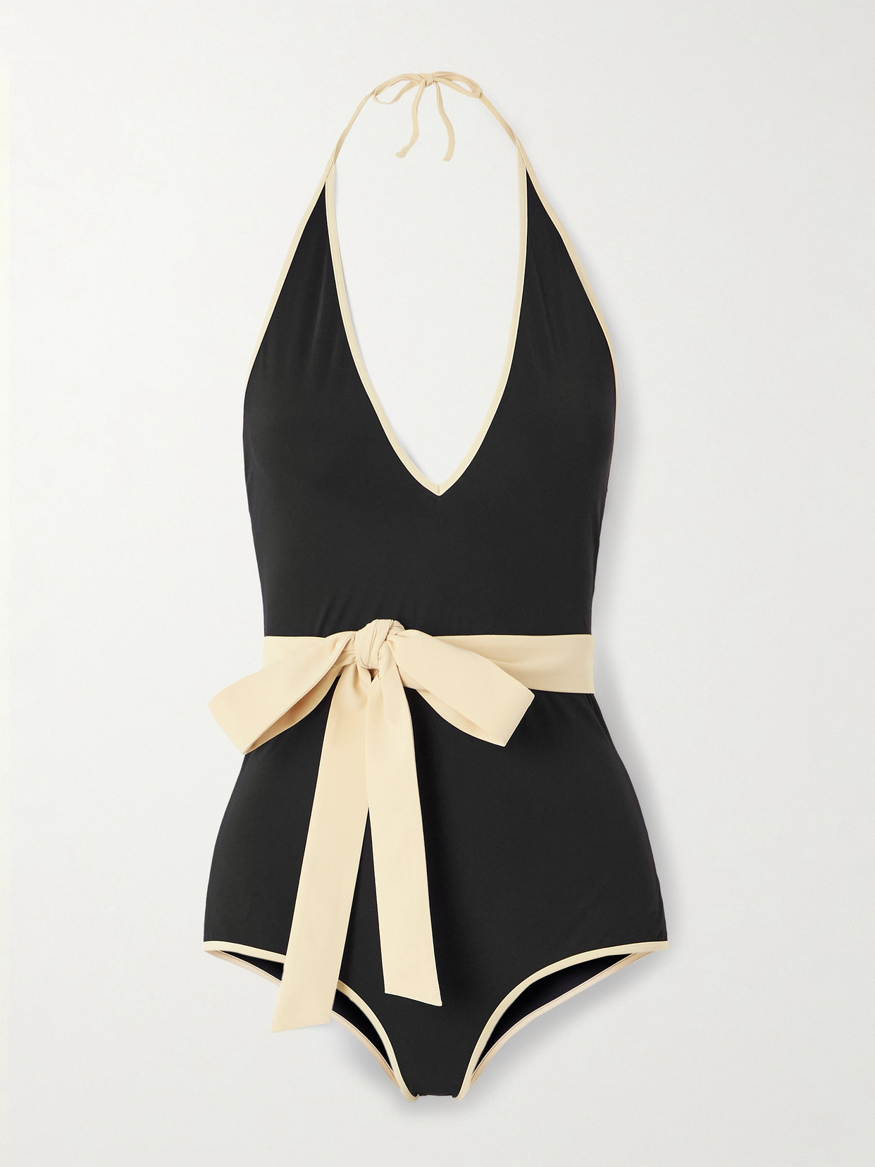 Valentino Belted Two-tone Halterneck Swimsuit In Black