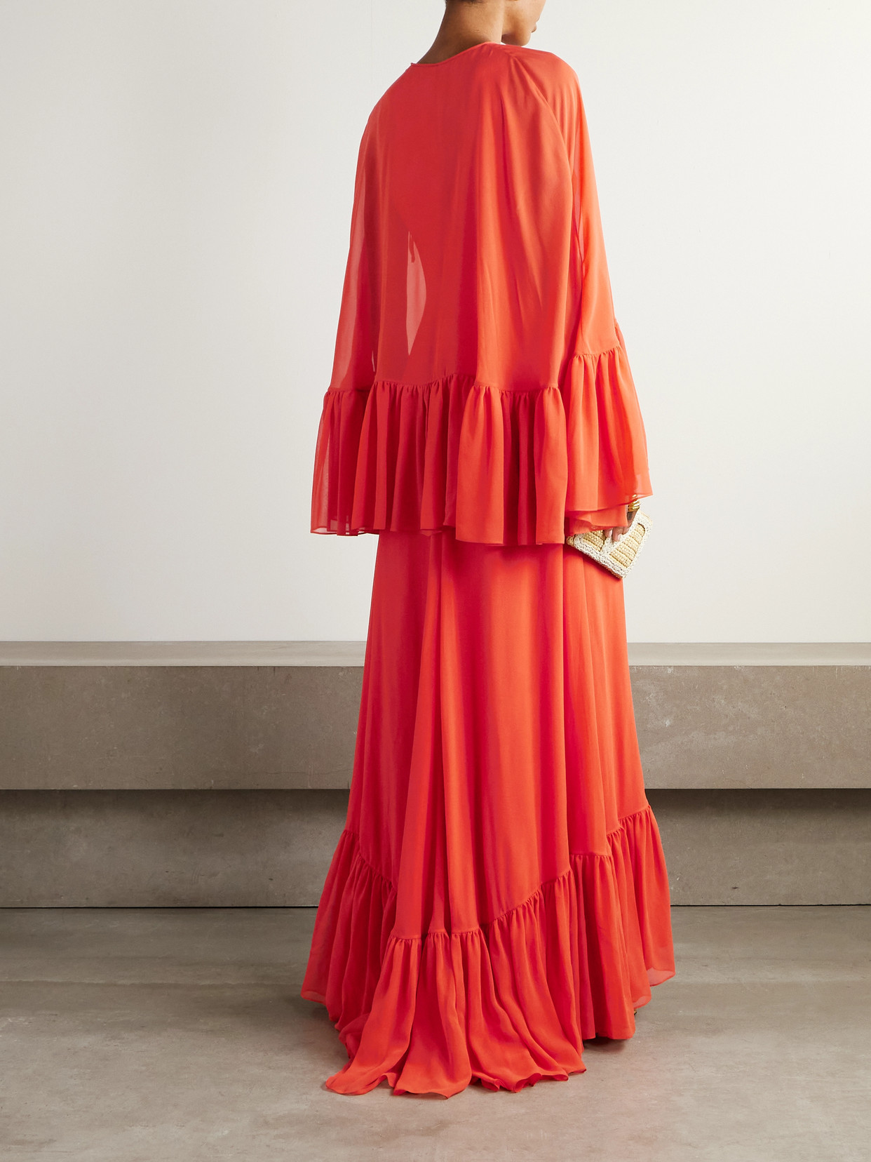 Valentino Cape-effect Ruffled Silk-georgette Gown In Orange