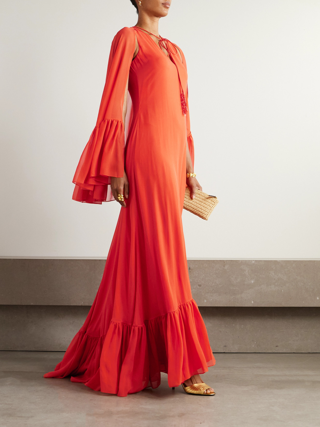 Valentino Cape-effect Ruffled Silk-georgette Gown In Orange