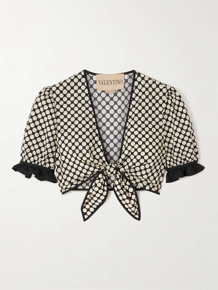 Valentino Garavani Cropped Ruffled Polka-dot Cotton-poplin Top
