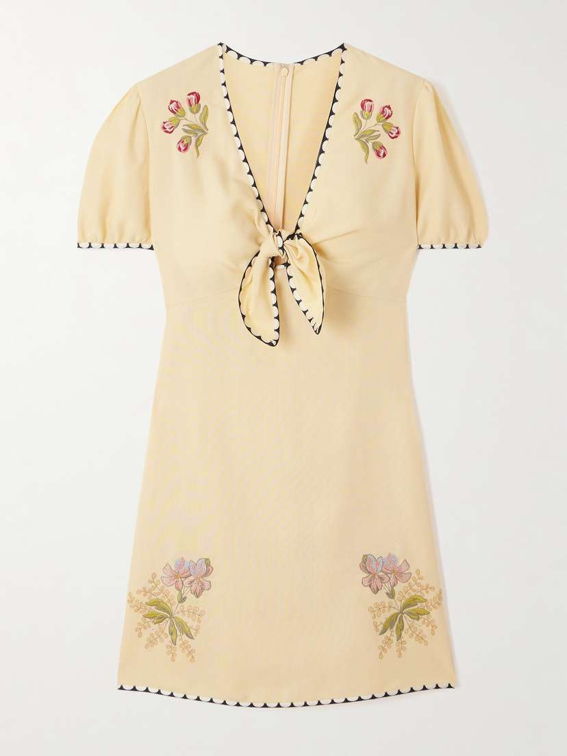 Valentino Garavani — Printed twill-trimmed embroidered woven mini dress