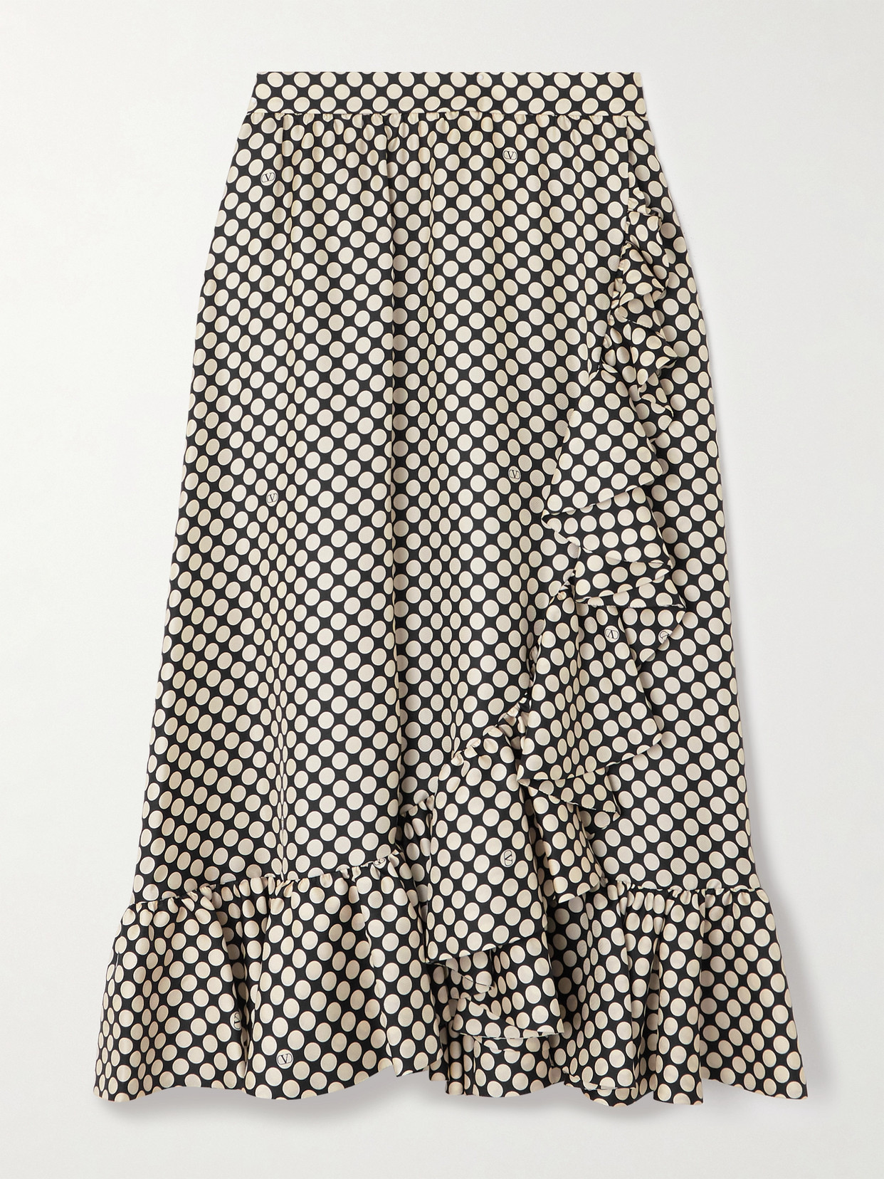 Valentino Ruffled Wrap-effect Polka-dot Silk-twill Midi Skirt In Neutral