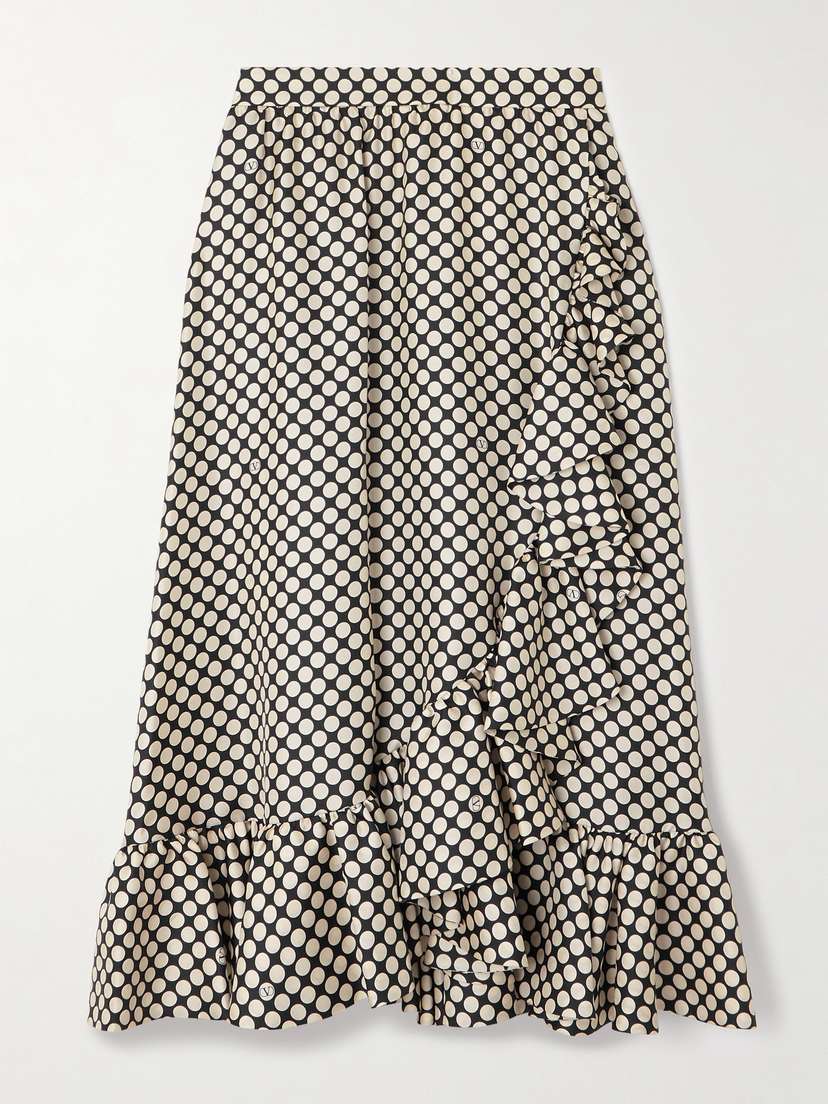 Valentino Garavani — Ruffled wrap-effect polka-dot silk-twill midi skirt