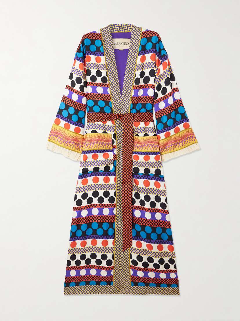 Valentino Garavani — Belted ruffled printed silk-twill robe