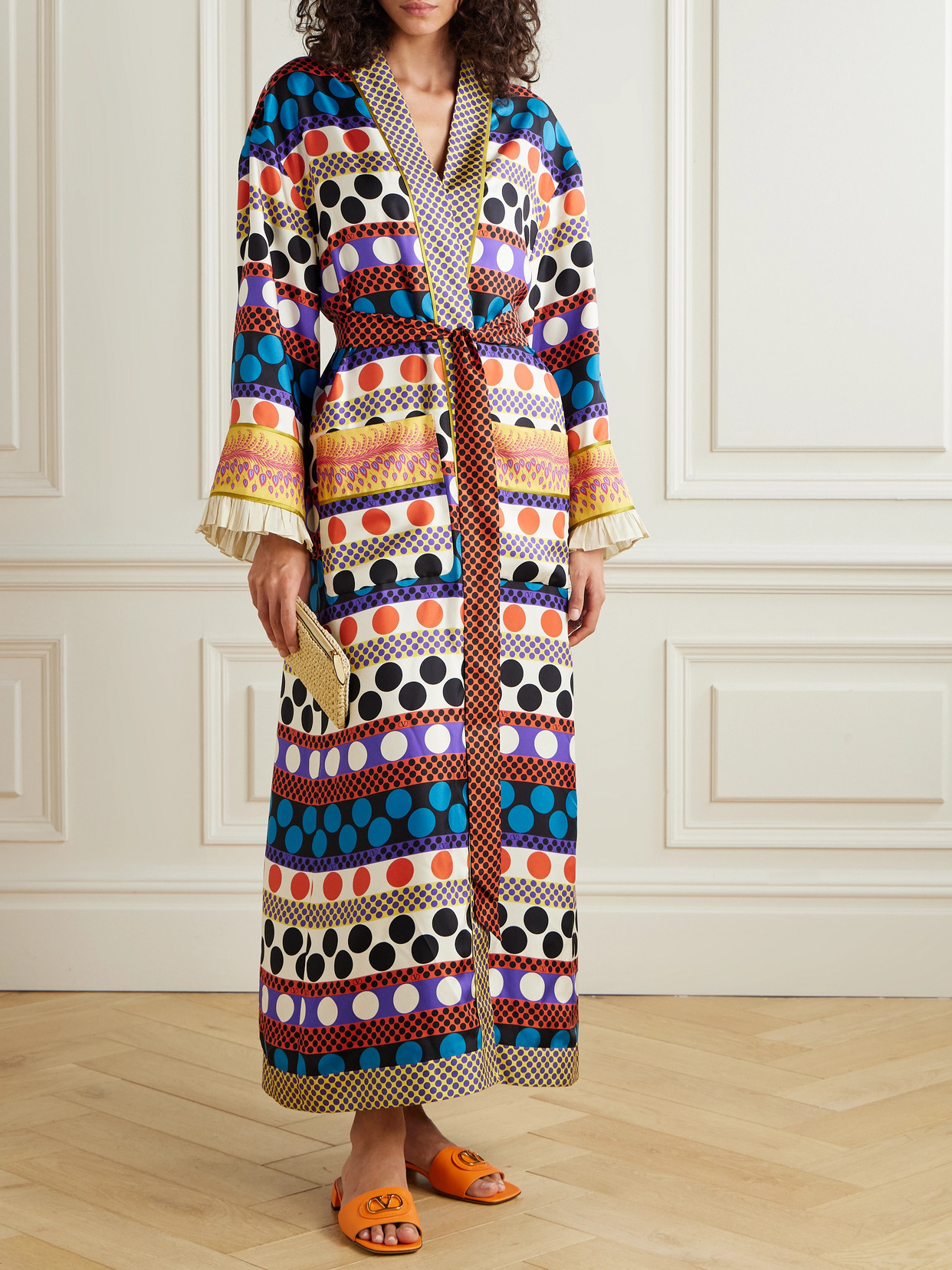 Valentino Belted Ruffled Printed Silk-twill Robe
