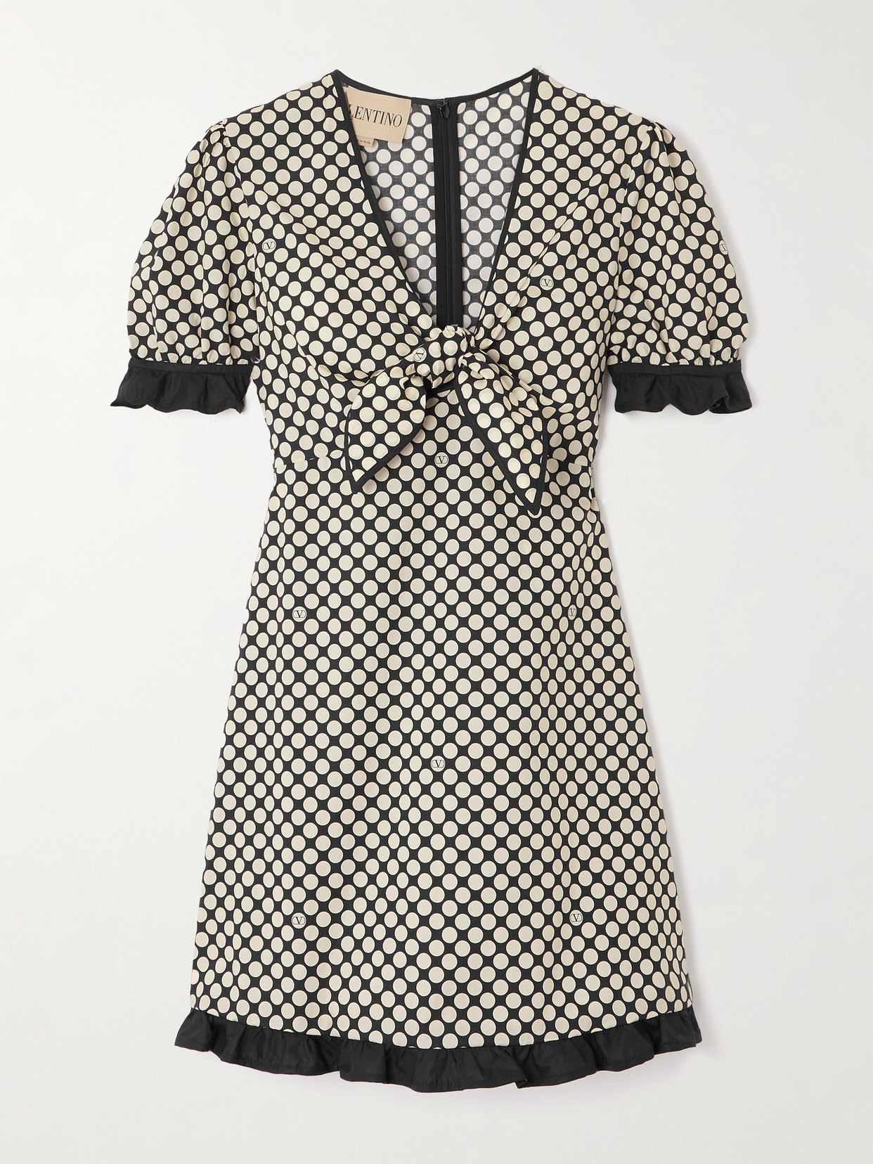 Valentino Bow-detailed Ruffled Polka-dot Cotton-poplin Mini Dress In Black