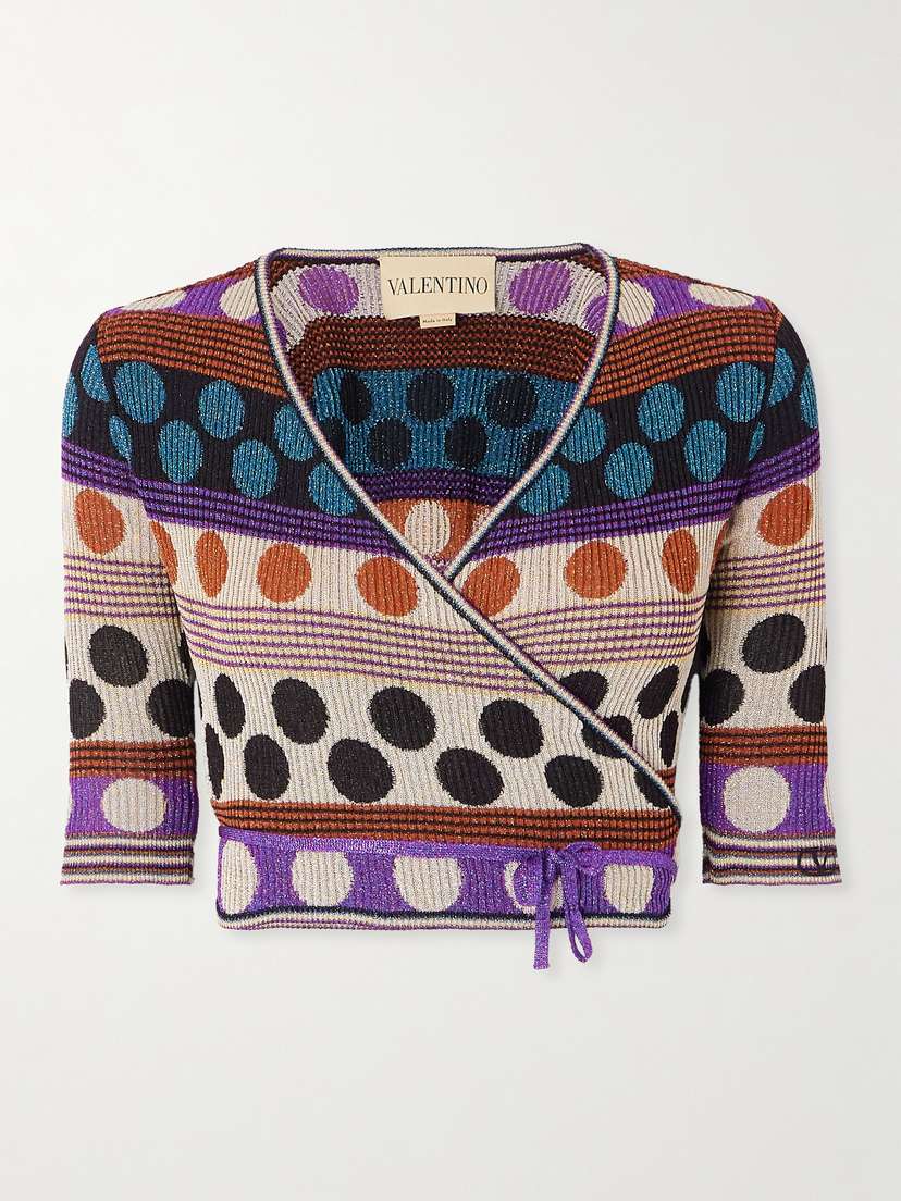 Valentino Garavani — Cropped ribbed metallic jacquard-knit wrap cardigan