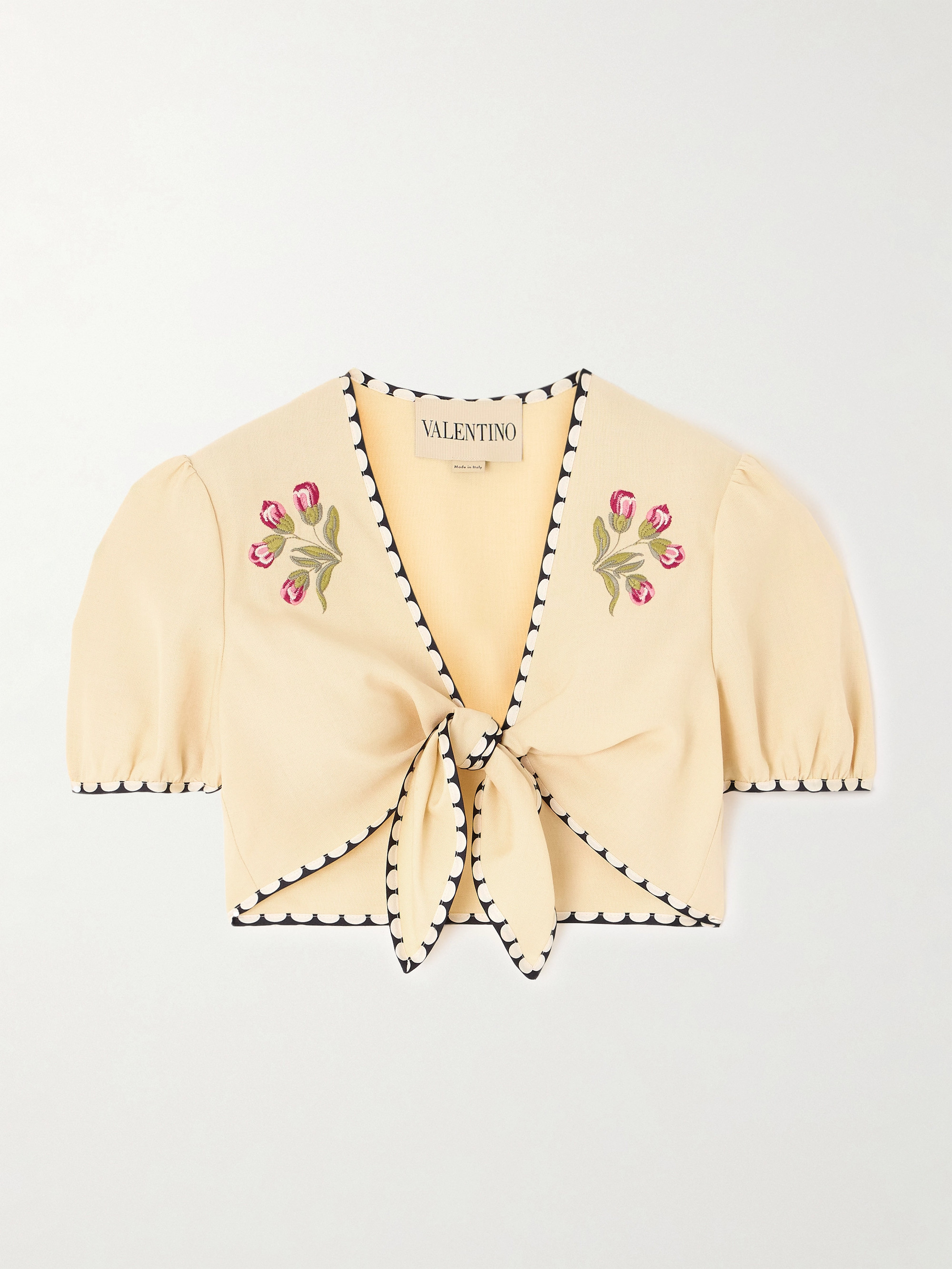 Valentino Garavani Cropped embroidered polka-dot silk-trimmed canvas top