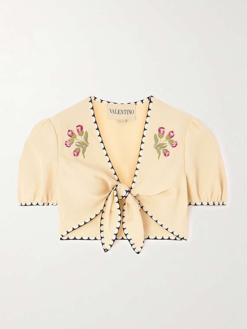 Valentino Garavani Cropped Embroidered Polka-dot Silk-trimmed Canvas Top
