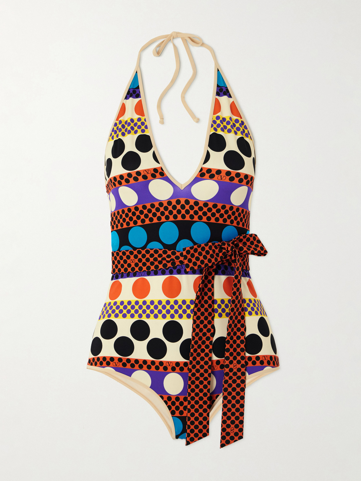 Valentino Belted Printed Halterneck Swimsuit