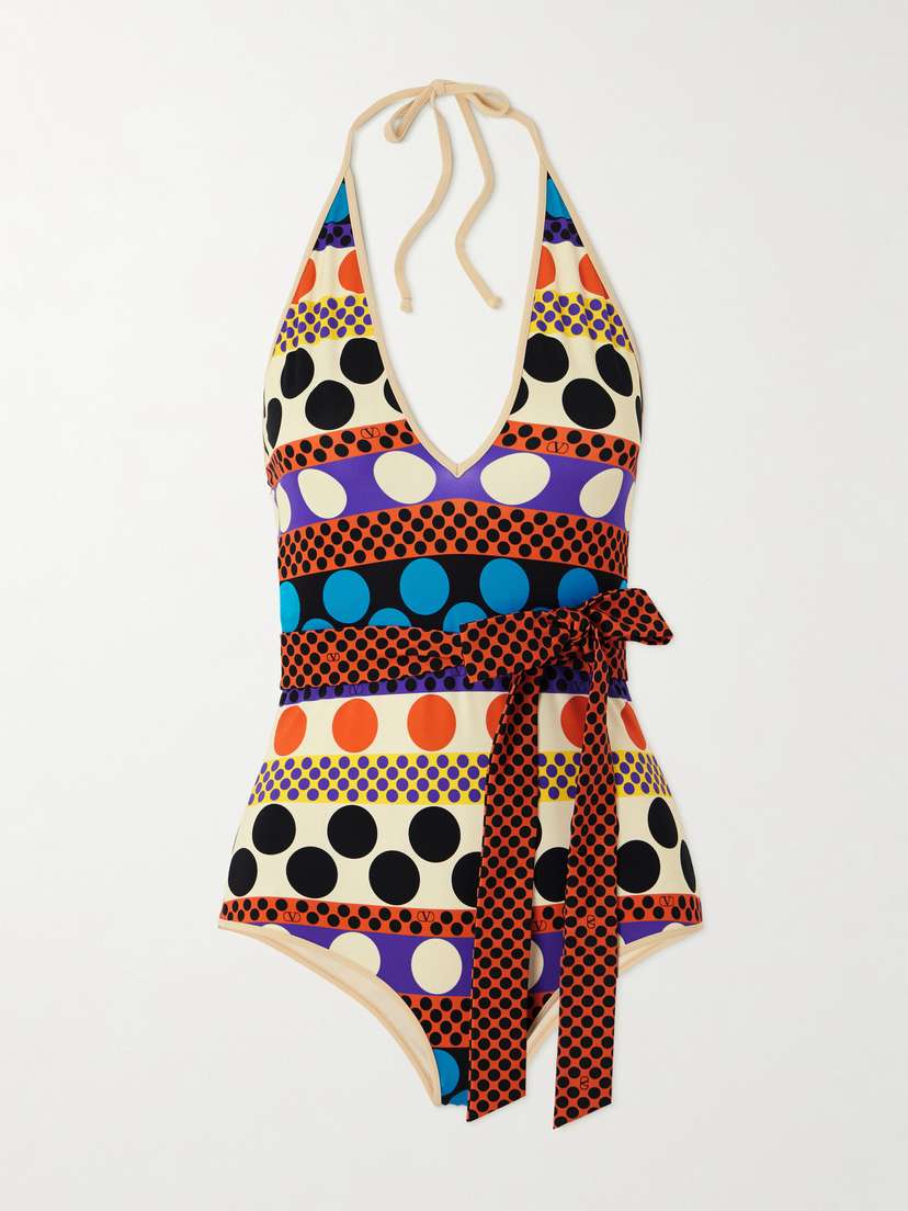 Valentino Garavani Belted Printed Halterneck Swimsuit
