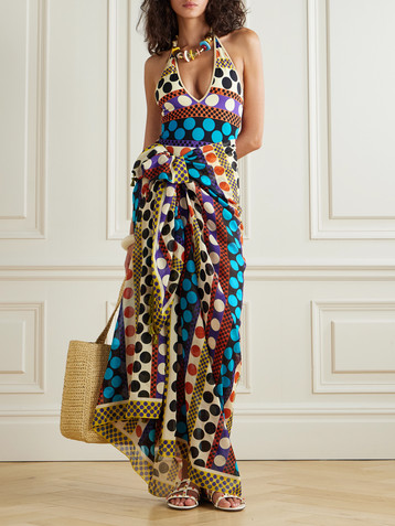 Valentino Garavani Belted printed halterneck swimsuit