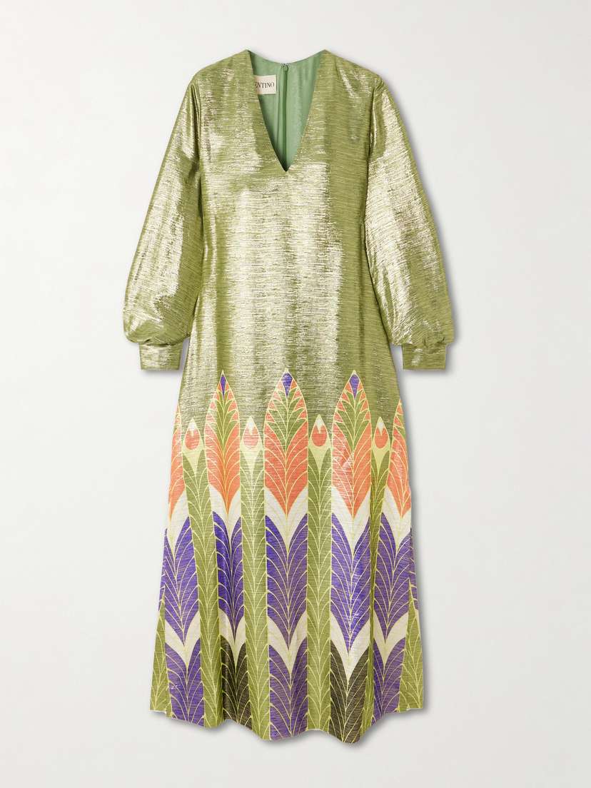 Valentino Garavani Printed Metallic Silk-blend Midi Dress