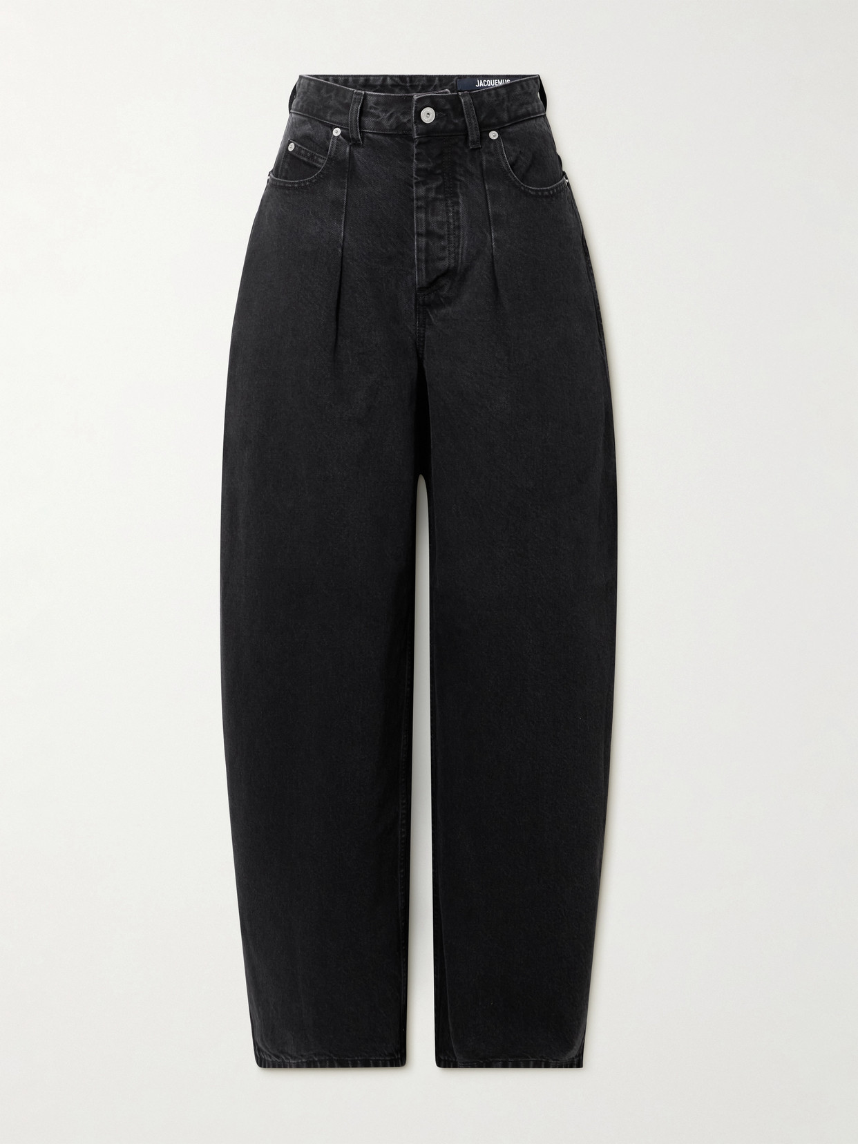 Jacquemus The Ovalo De-nîmes Pleated High-rise Barrel-leg Jeans In Black