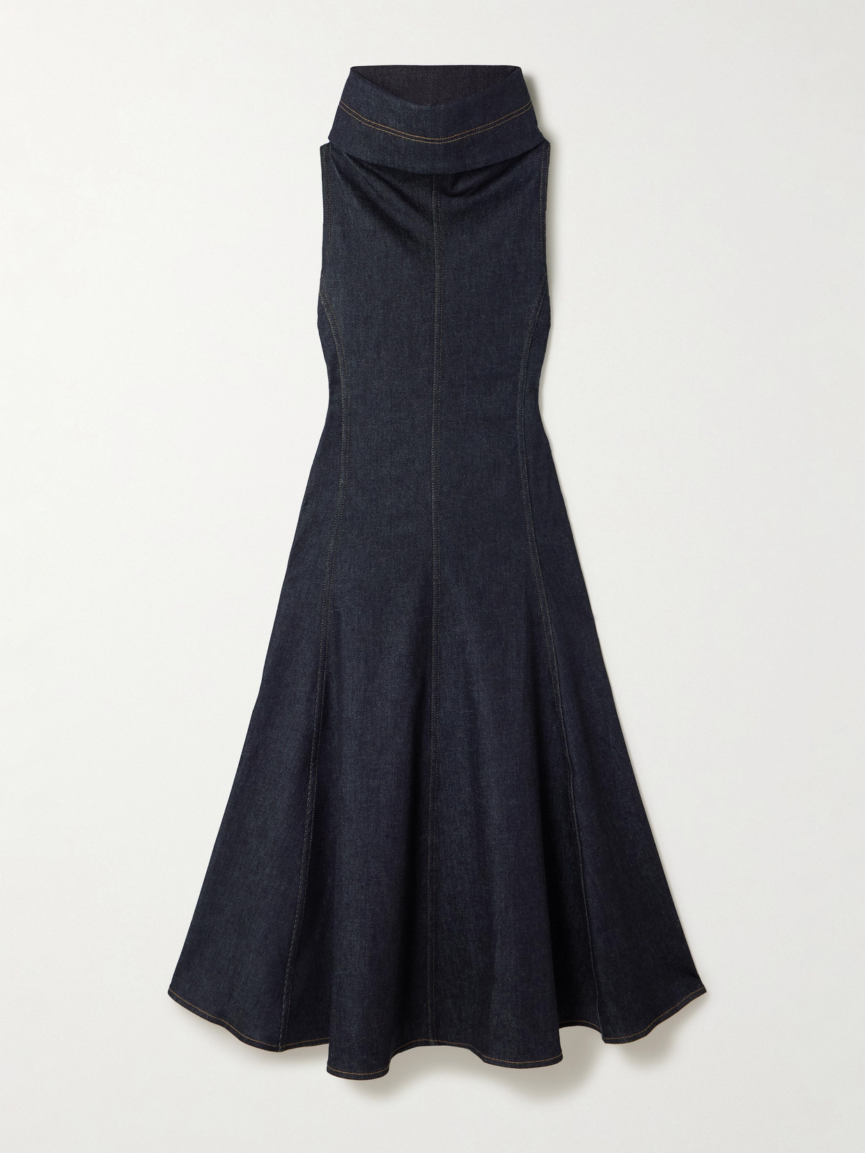 Jacquemus Triangle De-nîmes Denim Turtleneck Midi Dress In Blue