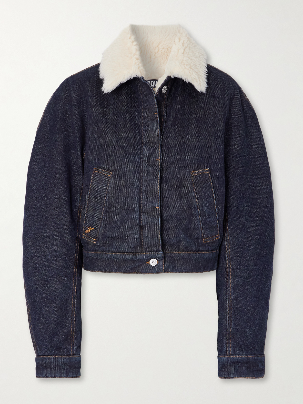 Jacquemus The Ovalo Fleece-trimmed Raw Denim Jacket In Blue