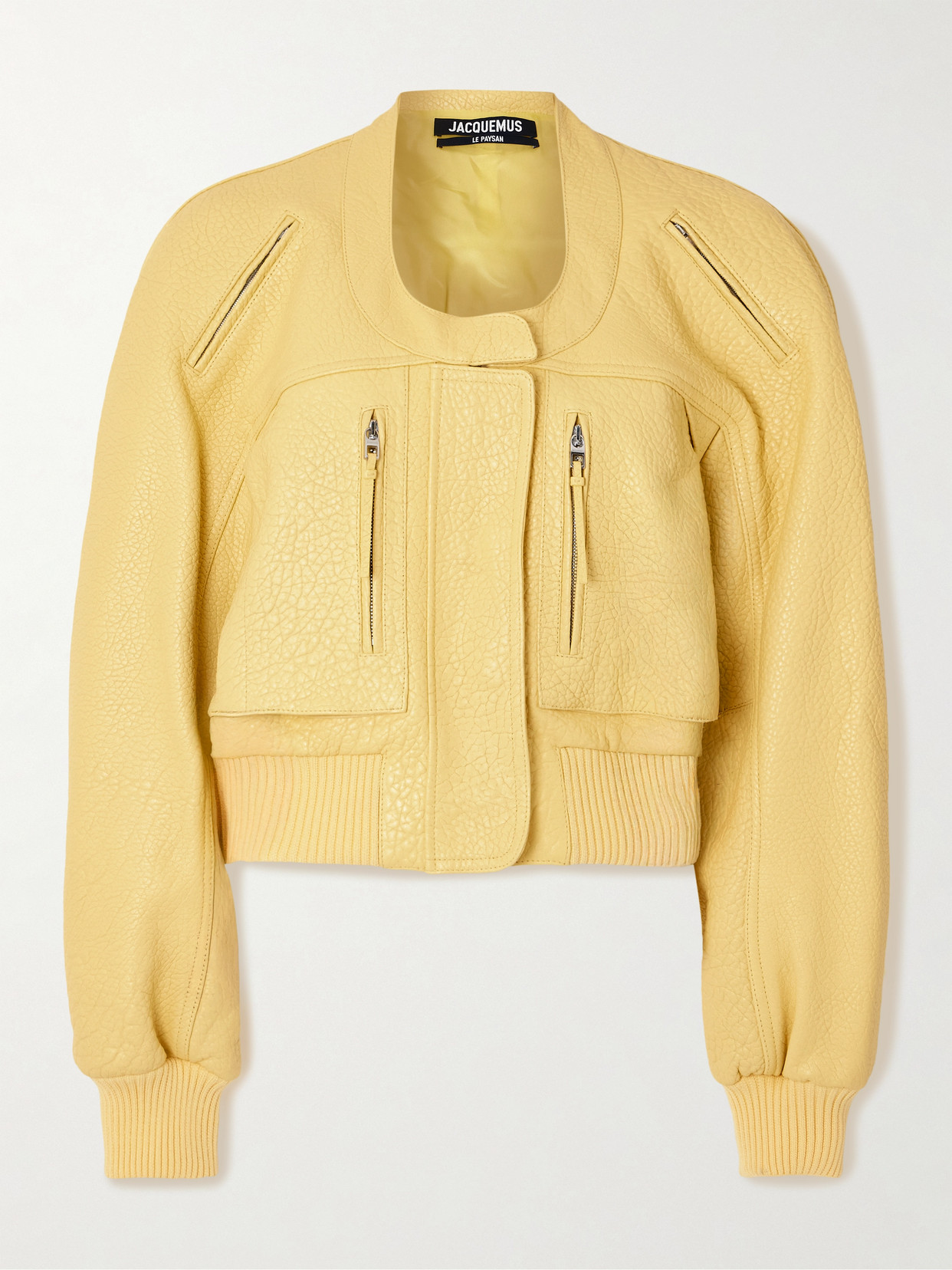 Jacquemus The Tore Cropped Textured-leather Bomber Jacket In Yellow
