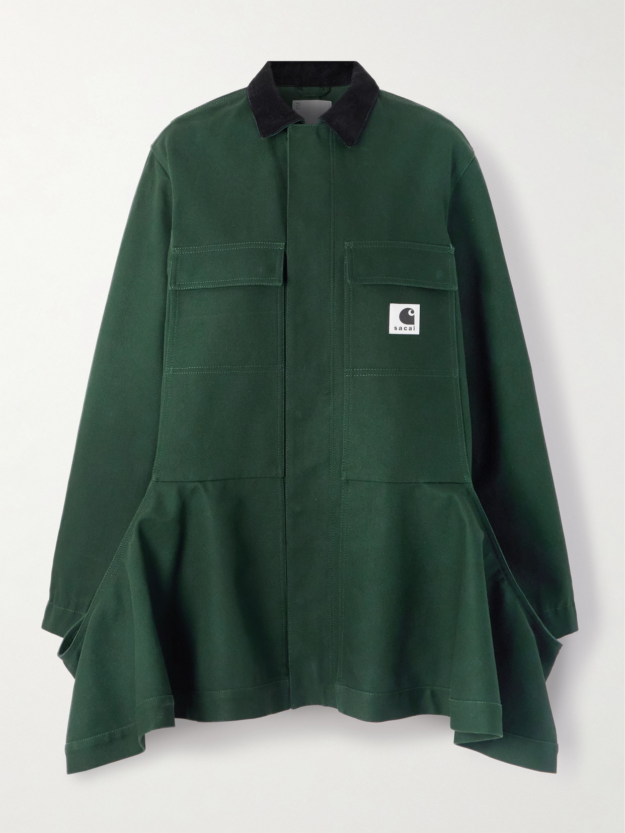 Sacai + Carhartt Wip Ruffled Corduroy-trimmed Cotton-canvas Mini Dress In Green