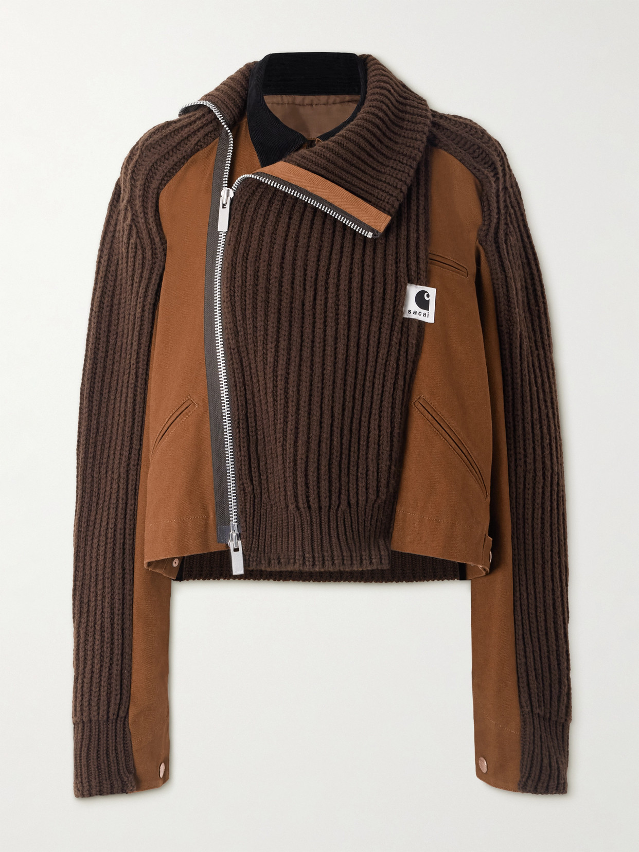 Sacai + Carhartt Wip Asymmetric Ribbed Wool-blend And Cotton-canvas Cardigan In Brown