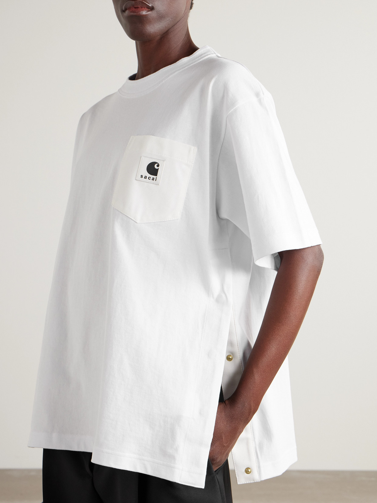 Sacai + Carhartt Wip Appliquéd Canvas-trimmed Cotton-jersey T-shirt In White