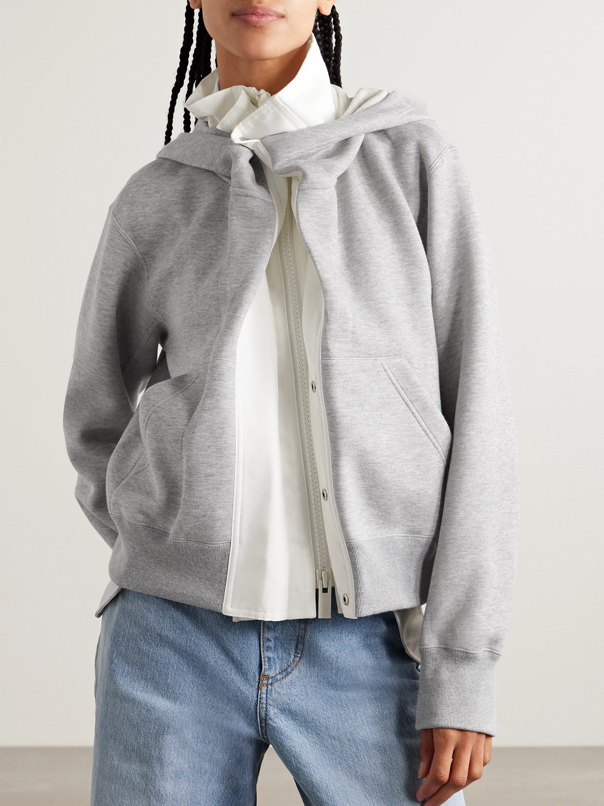 Sacai Paneled Cotton-canvas And Cotton-blend Jersey Hoodie In Gray