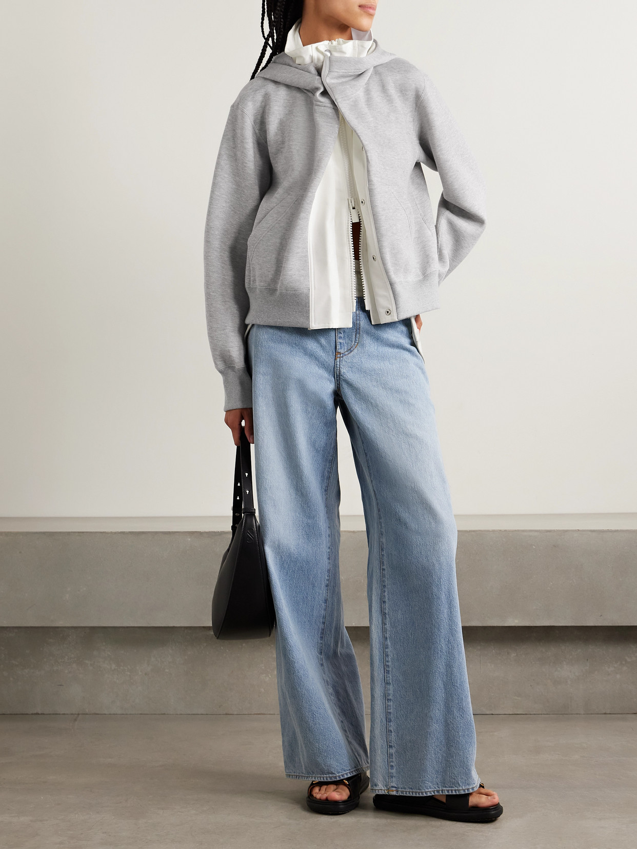 Sacai Paneled Cotton-canvas And Cotton-blend Jersey Hoodie In Gray