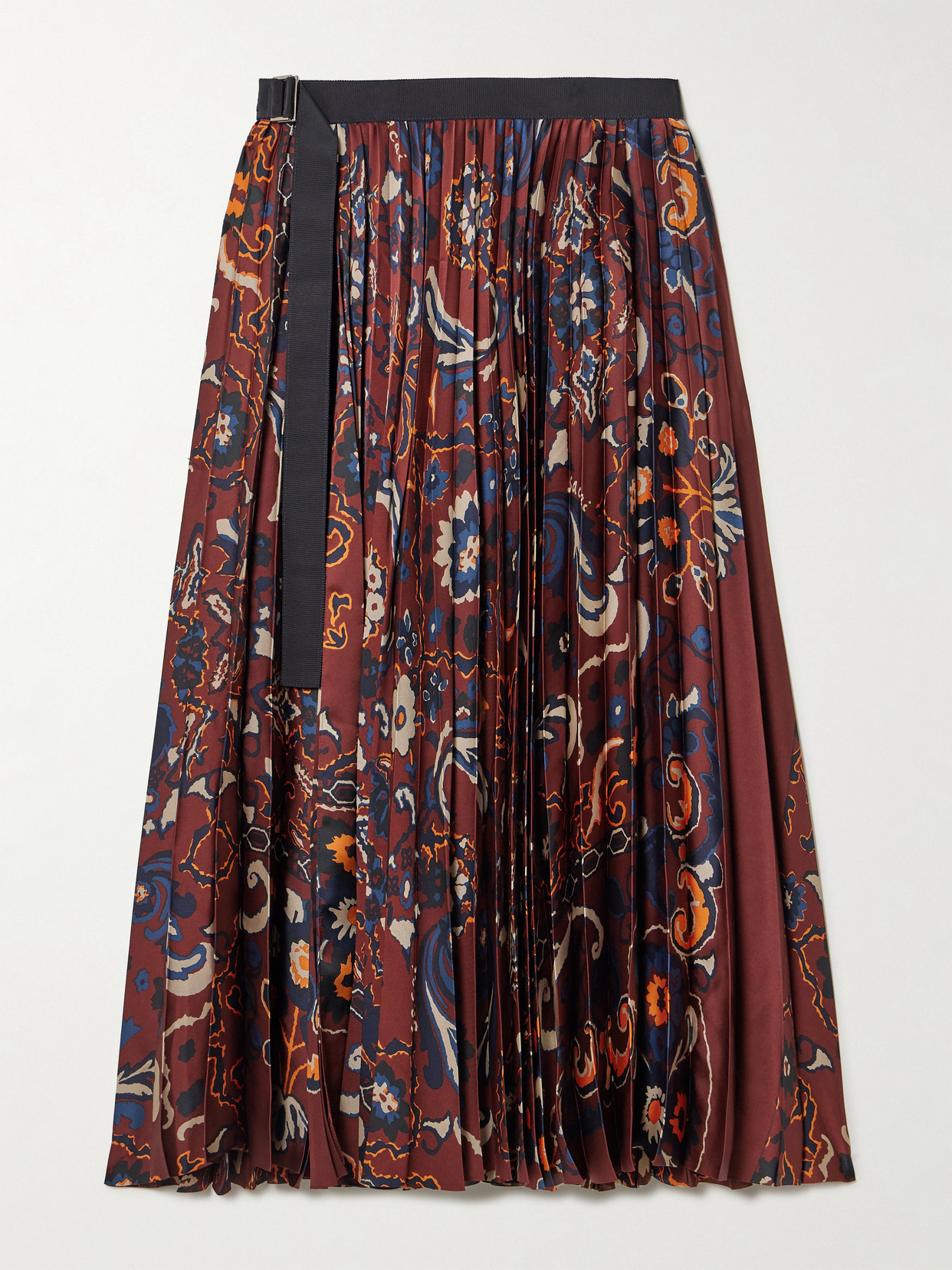 Sacai - Belted Grosgrain-trimmed Pleated Floral-print Satin Midi Skirt - Burgundy
