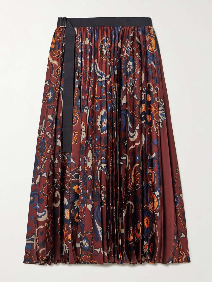 Sacai Belted Grosgrain-trimmed Pleated Floral-print Satin Midi Skirt
