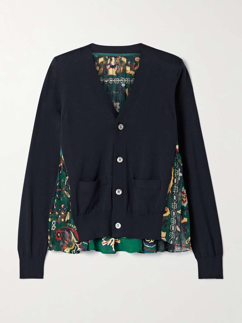 Sacai Paneled Cotton, Printed Satin And Pleated Chiffon Cardigan